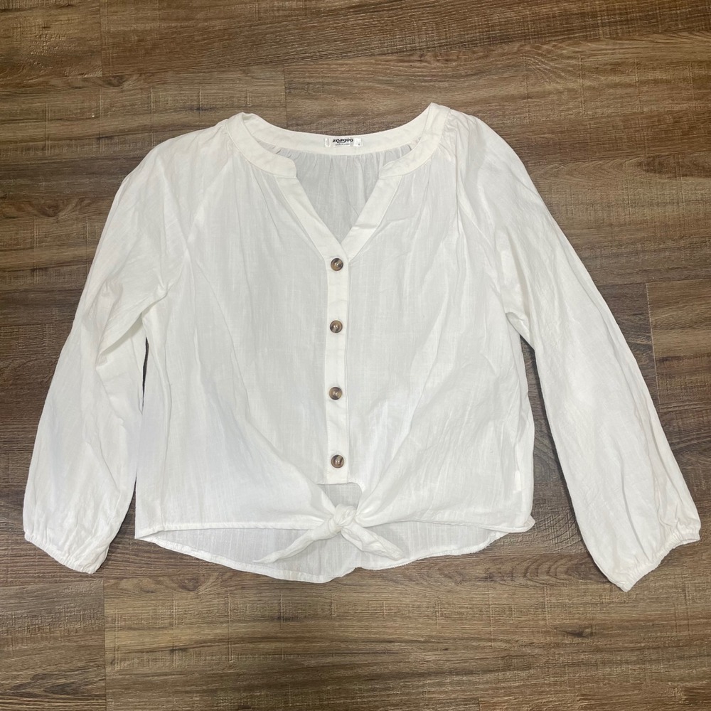 Zeagoo White 100% Cotton Gauze Tie Front Button Up Long Sleeve Blouse Womens M